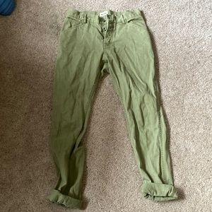 Taylor stitch green herringbone pattern pants.
